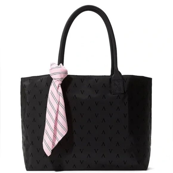 New NWT Victoria's Secret Black VS Tote Zip & Pink Scarf - Picture 1 of 8
